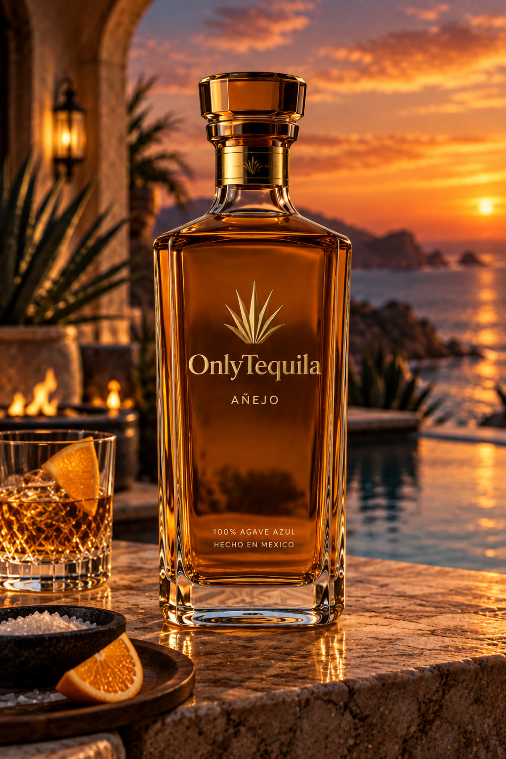 Amber OnlyTequila Añejo bottle beside an infinity pool at sunset