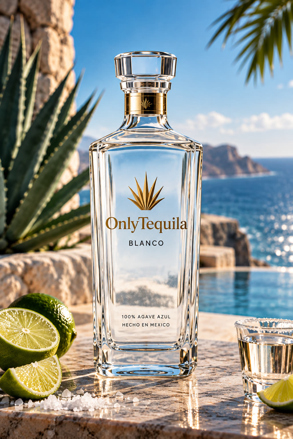 Crystal clear OnlyTequila Blanco bottle beside limes overlooking the ocean