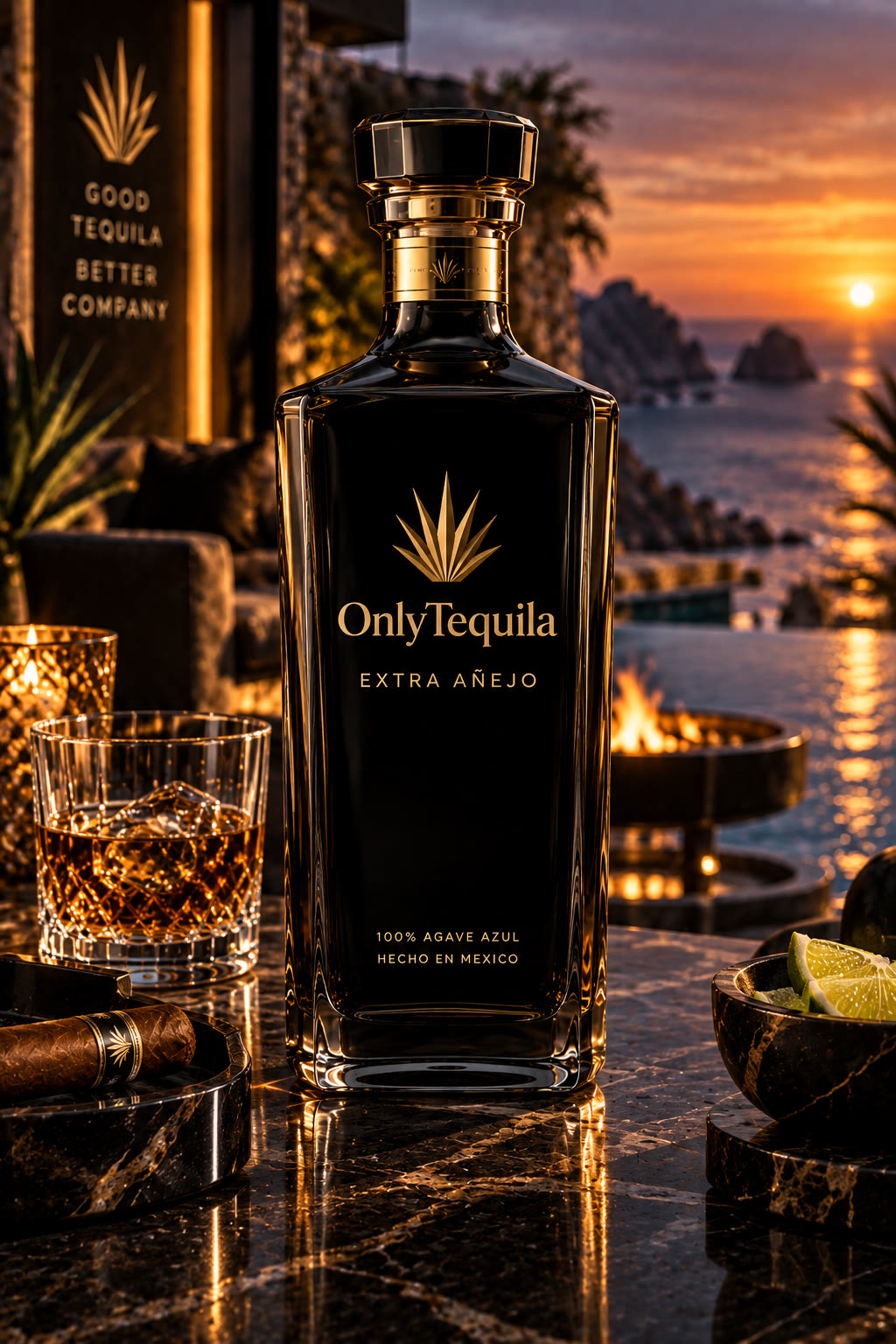 Matte black OnlyTequila Extra Añejo bottle with cigar and firepit at dusk