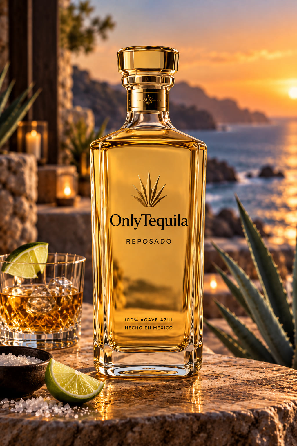 Golden OnlyTequila Reposado bottle at a coastal sunset
